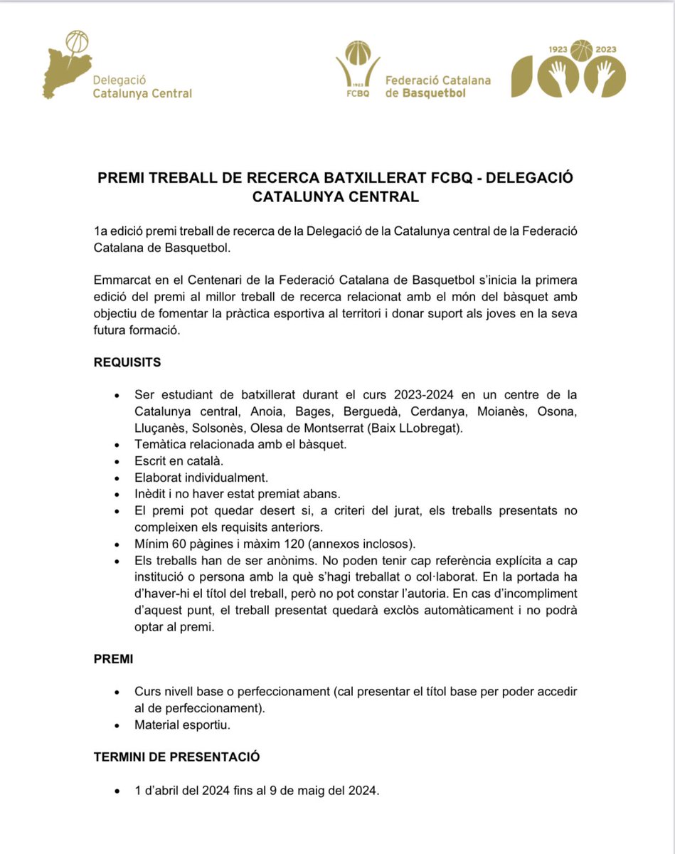 FCBQ_CatCentral's tweet photo. 📖 Heu enllestit el vostre treball de recerca? ✍️

🏀 1a edició premi treball de recerca de la @fcbq_catcentral 

➡️ Volem premiar el millor TR  relacionat amb el món del 🏀 ⛹️‍♀️⛹️

🔊Presentació: 1/4  fins 9/5 del 2024.
 🌟RESOLUCIÓ: Juny 2024.
🙌🏼consulteu les bases!! https://t.co/BPik09KY8i