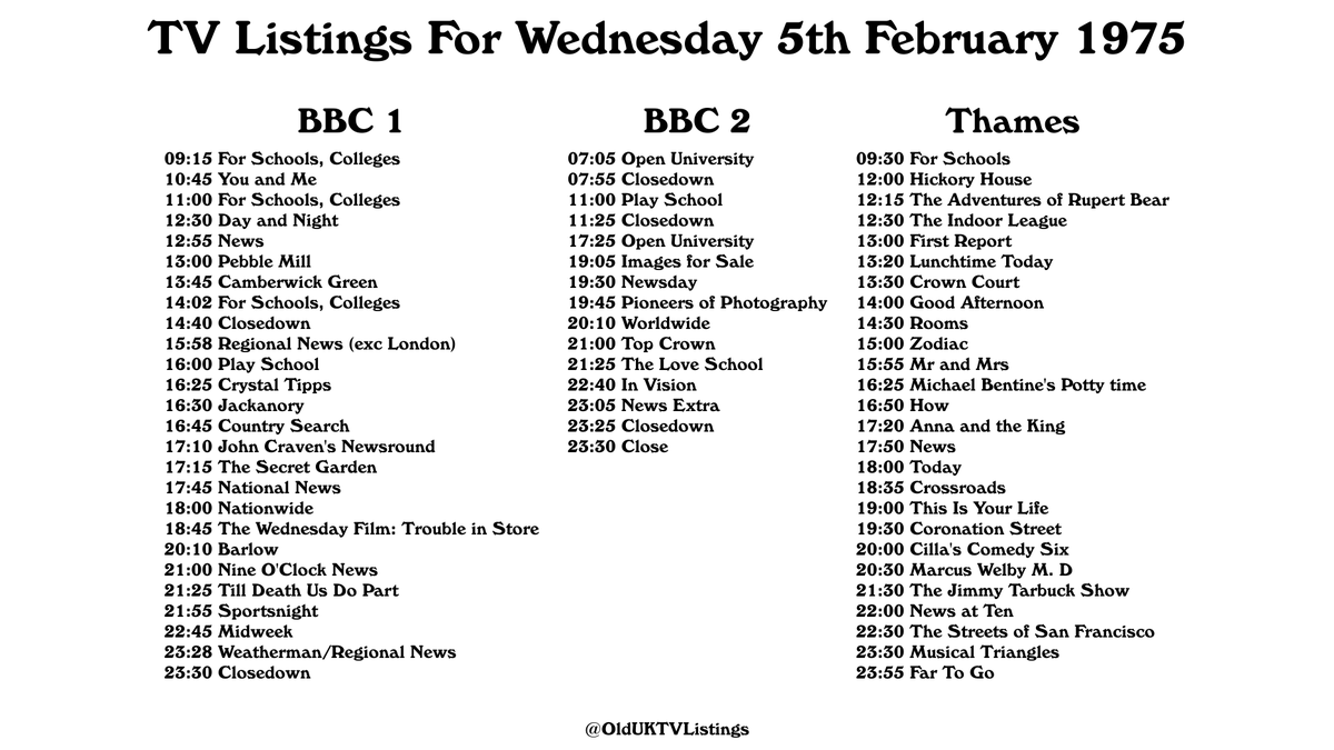 TV Listings For Wednesday 5th February 1975