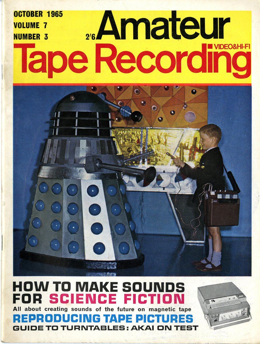 claytonhickman's tweet image. Very obscure #DoctorWho photo restoration for you today: the cover of the October 1965 issue of ‘Amateur Tape Recording’ where a boy called Peter interviews Dalek Six (on an Akai X-IV Cross Field tape machine) in front of *that* Dalek console prop.
Ko-fi: ko-fi.com/claytonhickman