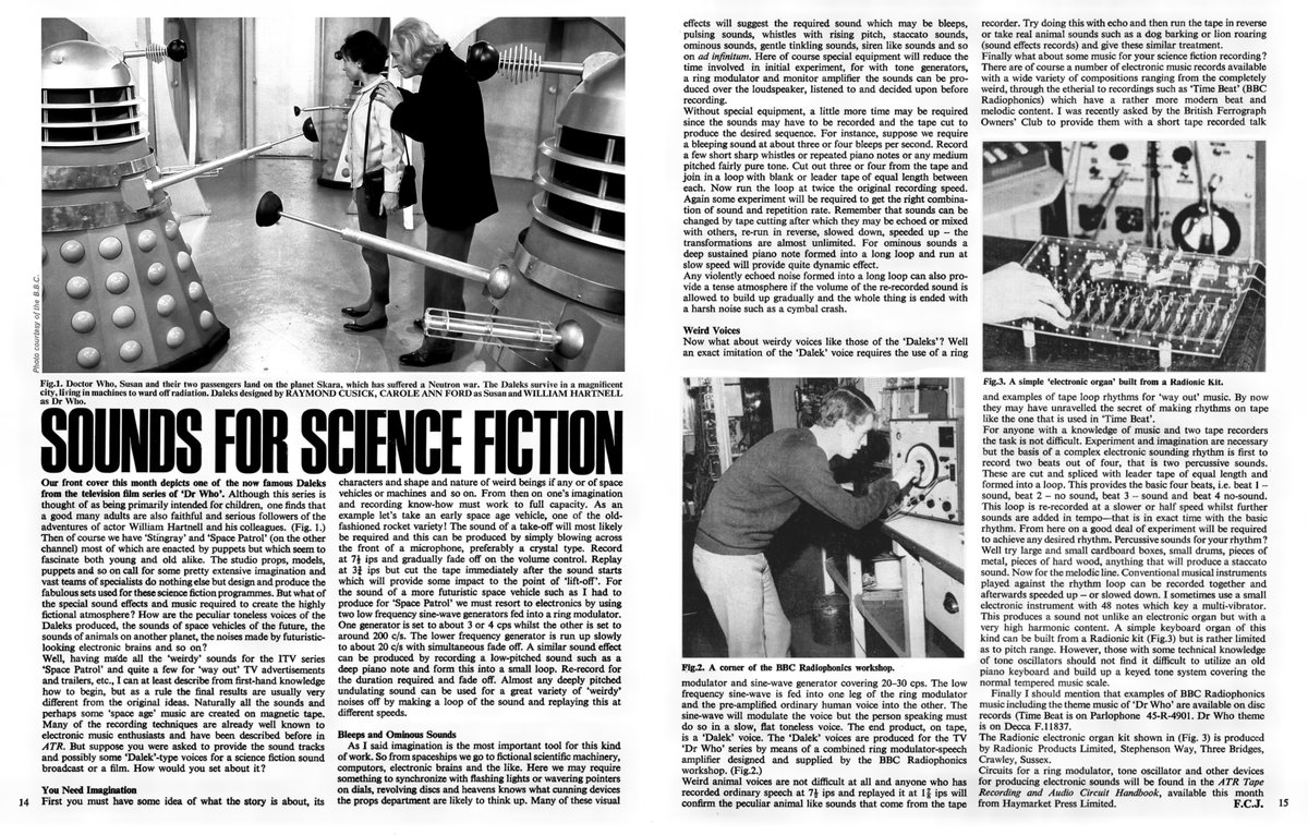 claytonhickman's tweet image. Very obscure #DoctorWho photo restoration for you today: the cover of the October 1965 issue of ‘Amateur Tape Recording’ where a boy called Peter interviews Dalek Six (on an Akai X-IV Cross Field tape machine) in front of *that* Dalek console prop.
Ko-fi: ko-fi.com/claytonhickman