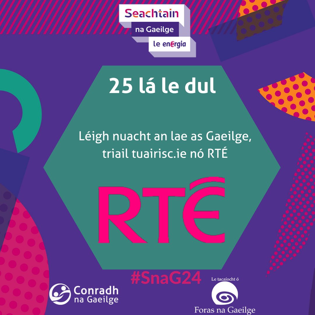 SnaGaeilge's tweet photo. ⏱️25 lá le dul go tús Sheachtain na Gaeilge 2024⁠
⁠
Léigh nuacht an lae inniu as Gaeilge, triail RTÉ nó Tuairisc
⁠
@PEIG @CnaG @ForasnaGaeilge @energiaireland @rtenews @tuairiscnuacht
⁠
#SnaG24 https://t.co/owCFgBuAui