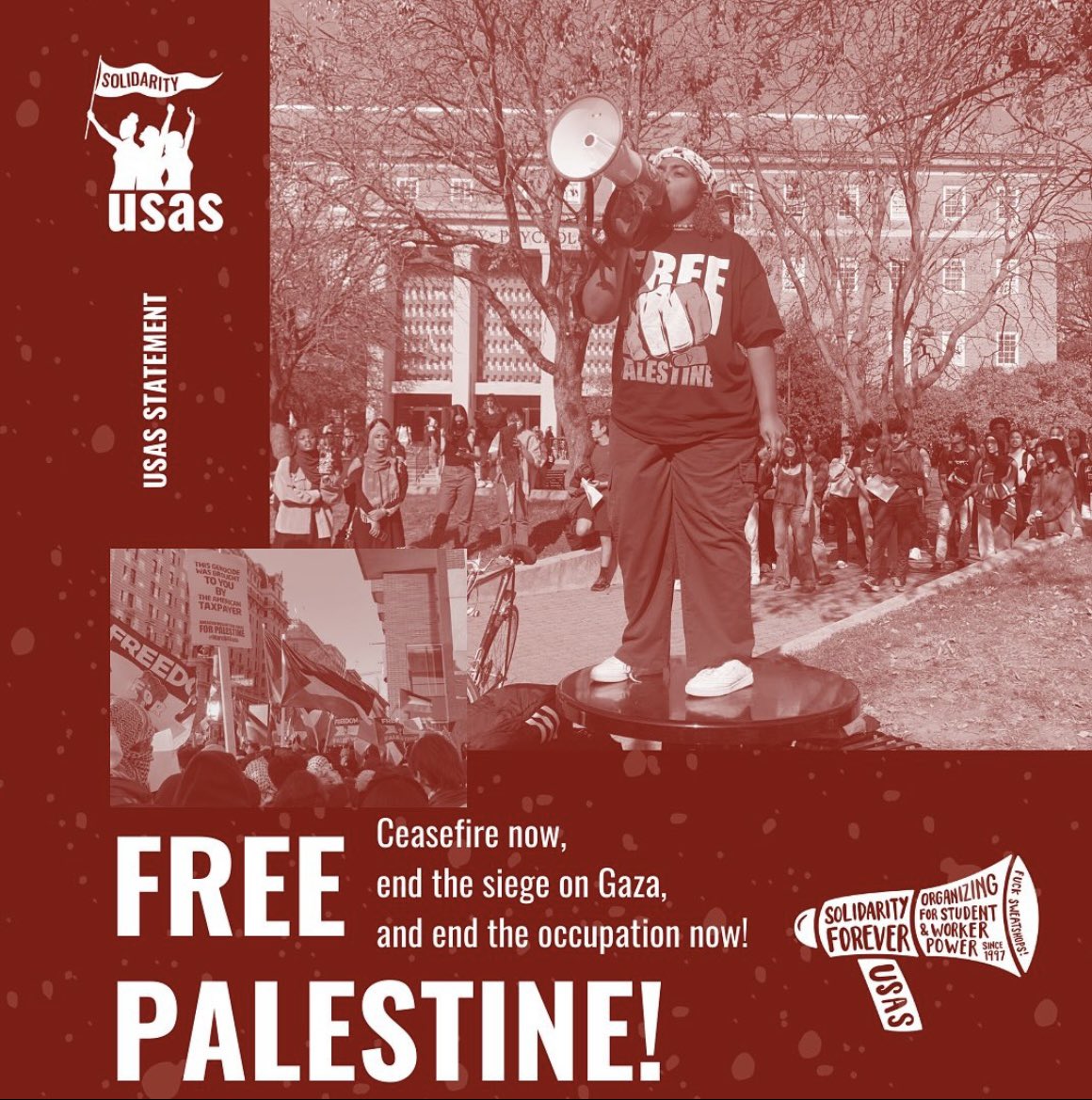 USAS says: FREE PALESTINE! check our website for our full statement at usas.org/2024/01/29/usa…