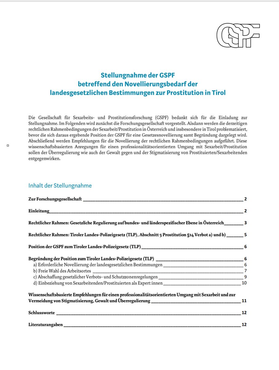 GilgesGiova's tweet photo. STELLUNGNAHME
der Gesellschaft für Sexarbeits- und Prostitutionsforschung zum NOVELLIERUNGSBEDARF der landesgesetzlichen Bestimmungen in #Tirol.
Spoiler:
Die Sperrbezirksverordnung hat Bedarf.
PDF:
https://t.co/CIWWpYoAka
#GSPF #sexworkresearch https://t.co/POr85uU4TE