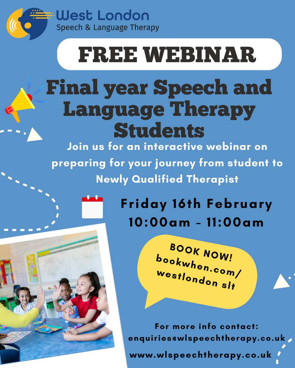 ⭐️FREE⭐️ webinar for #SLT students. Tips and tools for your transition from student to qualified therapist! Book a space at bookwhen.com/westlondonslt

#slcnjobs #slt2b #slt2be #sltstudent