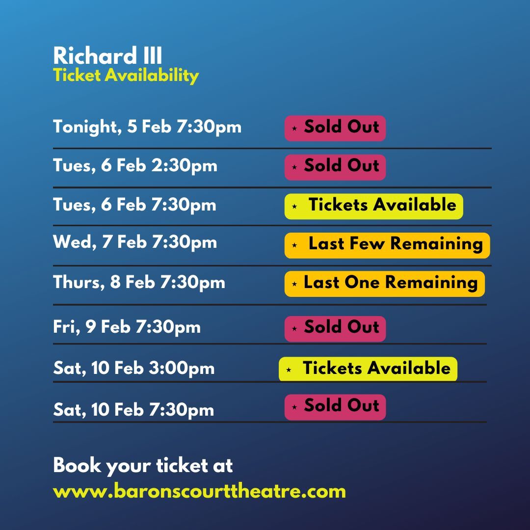Happy Opening to the company of Richard III which opens tonight to a sold out audience. 

Tickets are limited, so don't wait if you're wanting to join us this week for this retelling of the Shakespeare classic from this fantastic company.

🎟️ buff.ly/3SmHIcr <a href="/themessykind/">Messy Kind</a>