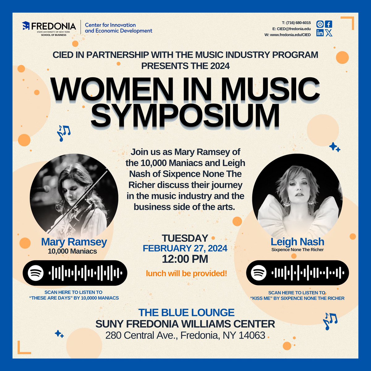 Fredonia_CIED's tweet photo. Join us on February 27th in the Blue Lounge of the Williams Center as Leigh Nash of Sixpence None The Richer and Mary Ramsey of the @10000Maniacs discuss their journey in the music industry! 

Register today to secure your spot!
https://t.co/Ech9FCs8fh

#womeninmusic https://t.co/miOpMVbiqc