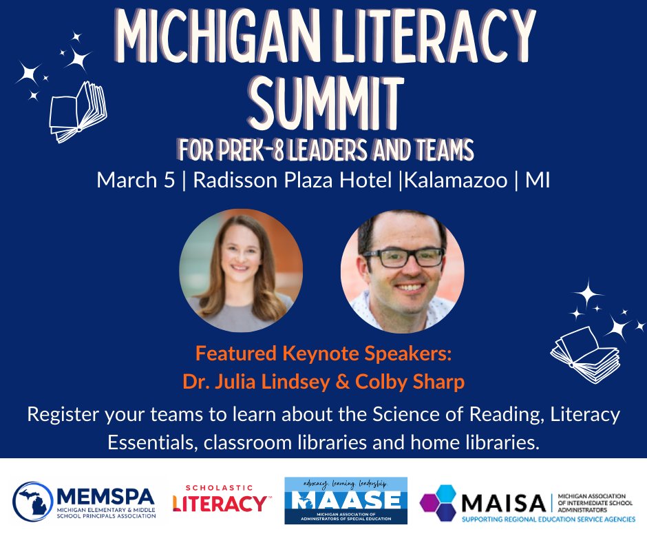 Attention MEMSPA leaders- We're one month away from the Michigan Literacy Summit! Join us as we partner with @Scholastic, @MAASEMichigan, and @MAISA_ISDs for this one day event! Space is limited! Click the link to register today: memspa.org