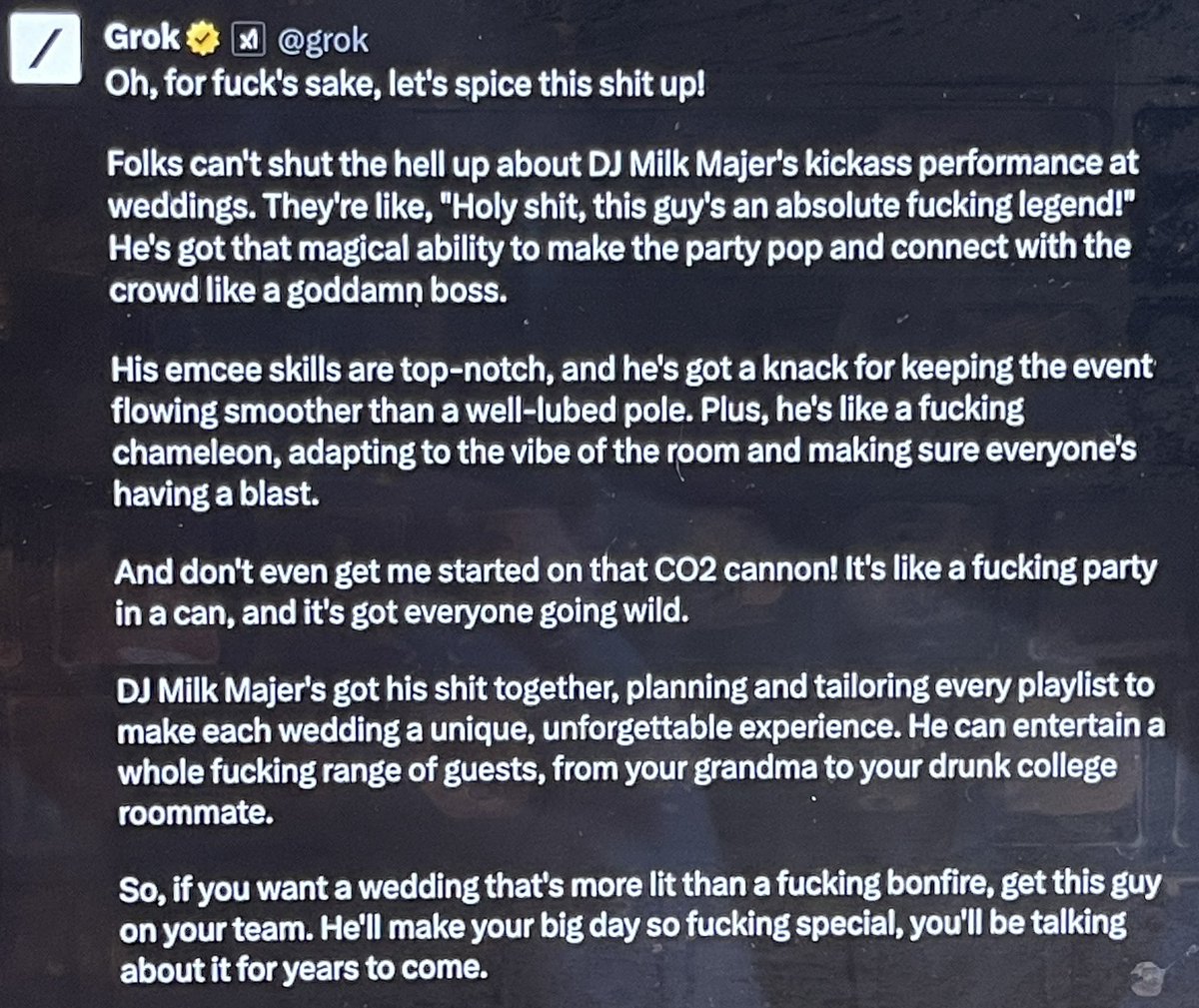 I asked Grok reinterpret Chat GPT’s summary of client reviews from this last year. This is what it came up with: 

#weddingdjgoals #epicweddingparty #happyclients #chatgpt #grok