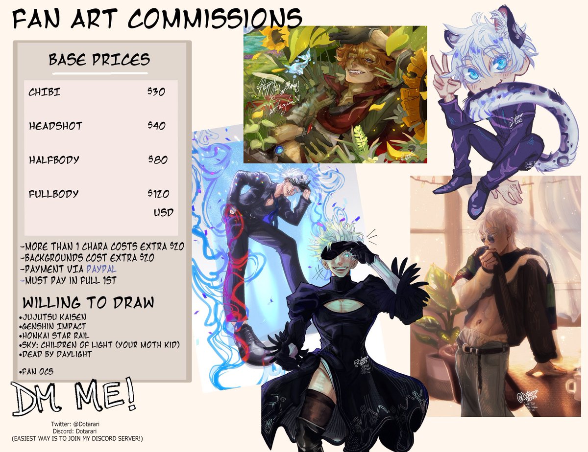 Fan Art commissions are open! There are 4 slots that will be available. I will reply here once all the slots have been taken. If you have anymore questions, please feel free to ask either here or on my discord server, which is linked in bio. Please retweet if possible!