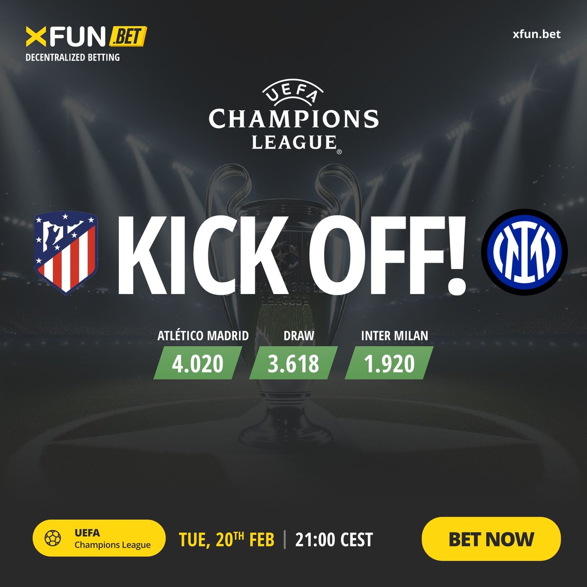 🌟 A clash of titans! Atlético Madrid 🆚 Inter Milan in a crucial Champions League match. Join the action at xfun.bet! #XFUNBet #EuropeanFootball #UCL ⚽💫