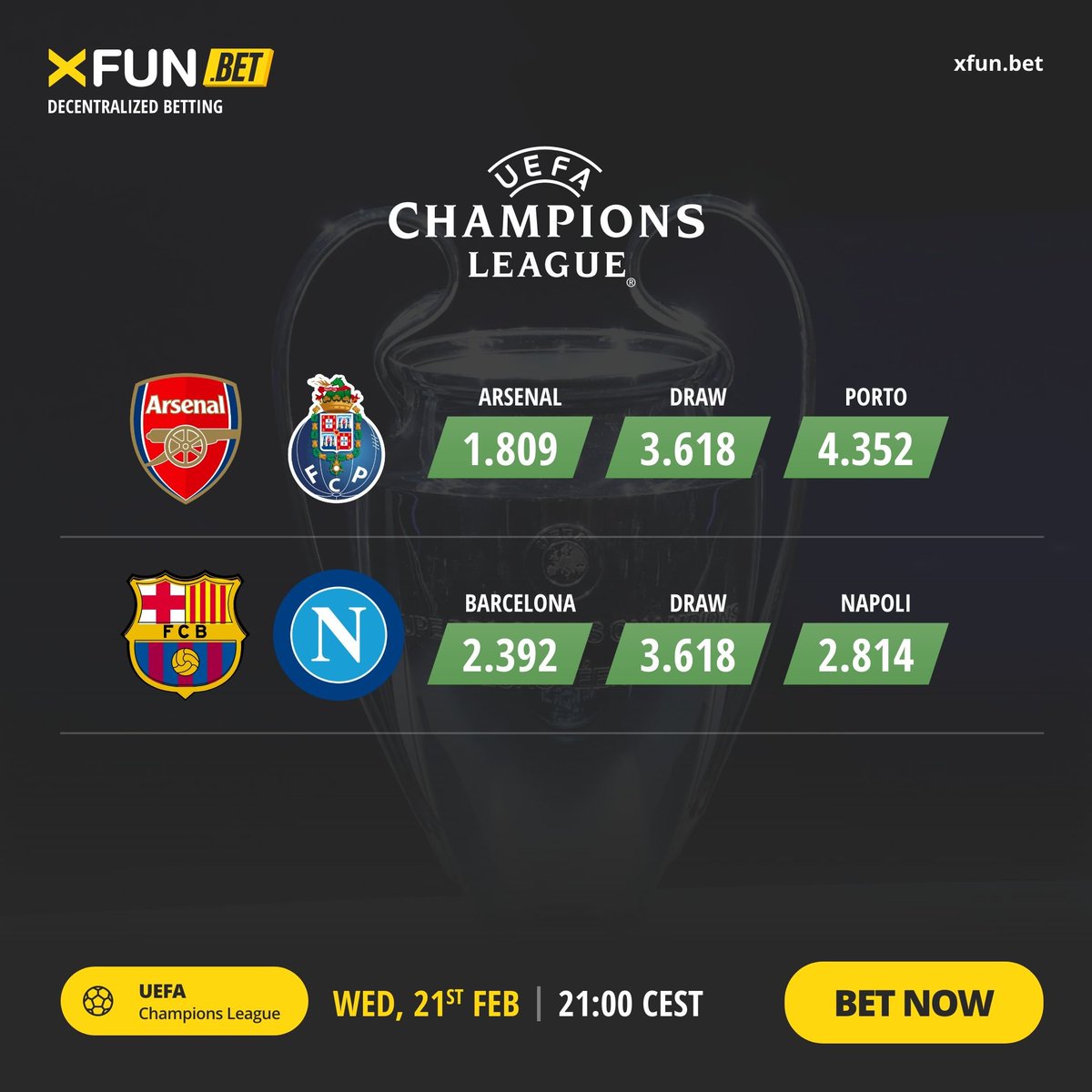 ⚽🇪🇺 Double the Champions League thrill! Arsenal 🆚 FC Porto and FC Barcelona 🆚 Napoli. A night of epic battles! Bet now at xfun.bet! #XFUNBet #UCLDoubleHeader 🏆🔥