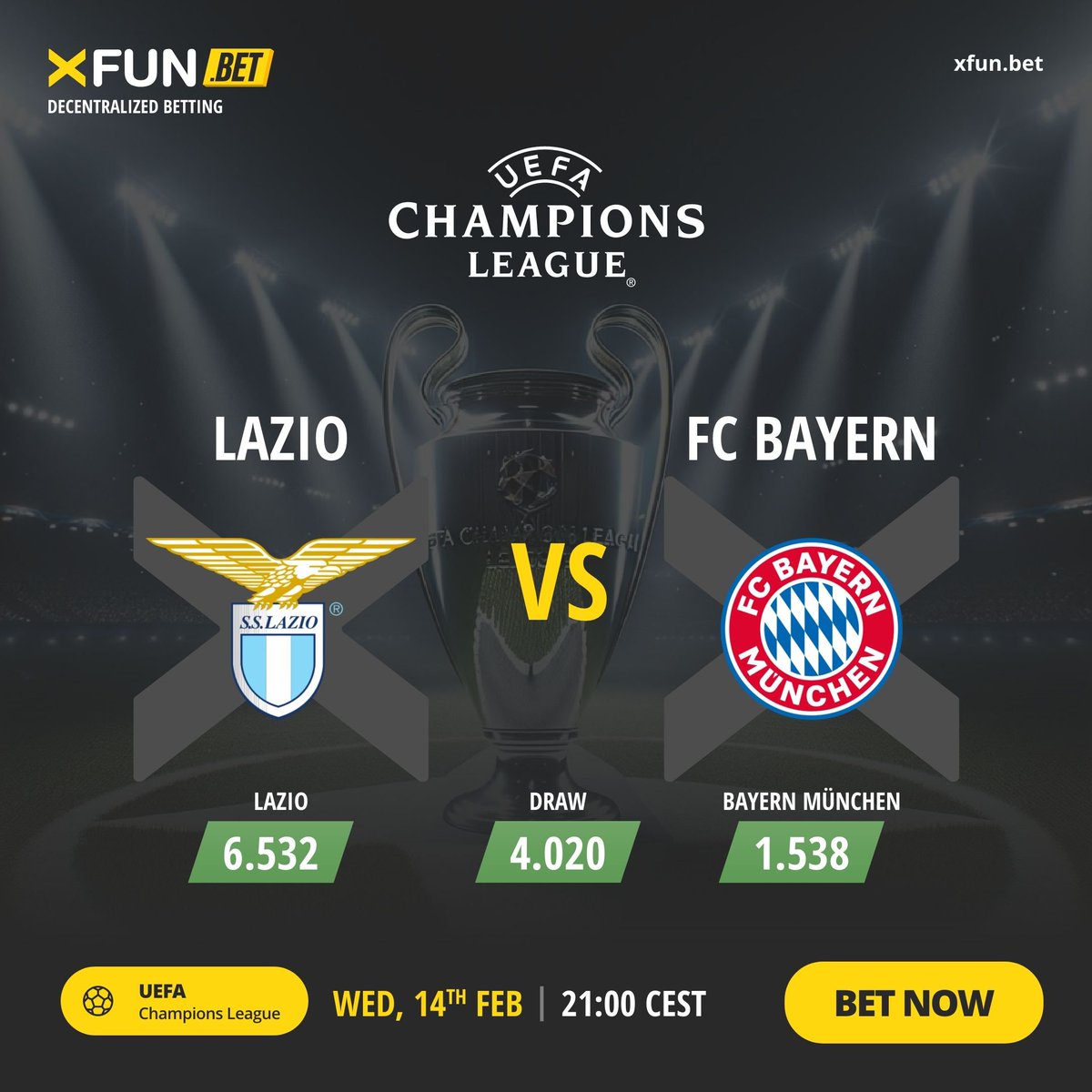 ⚽🇪🇺 UEFA Champions League action! Lazio challenges FC Bayern München. A thrilling European night awaits! Bet now at xfun.bet! #XFUNBet #LazioBayern #UCL 🥅🔥