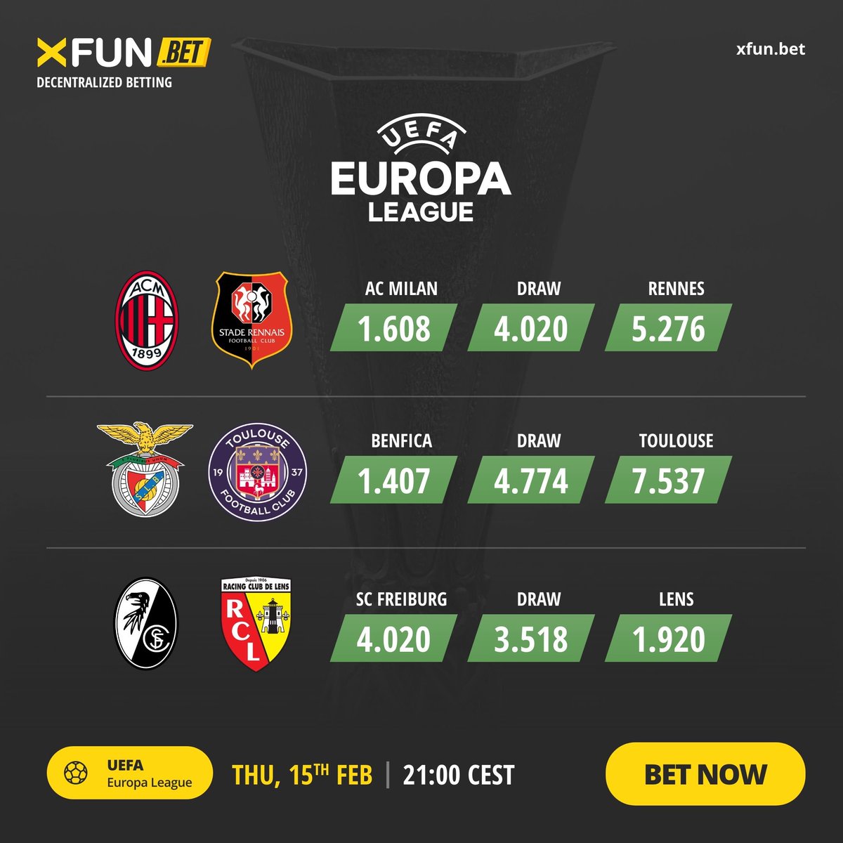 🎉 A feast of football! Experience the Europa League's thrill with multiple matches including AC Milan and Benfica. Place your bets at xfun.bet! #XFUNBet #EuropaLeagueNight ⚽🌟