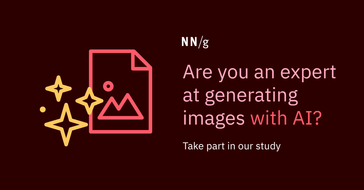 NNgroup's tweet image. We're conducting a #researchstudy with people with expertise in creating images using generative #AI. The study will be a contextual inquiry and will be a 2-hour compensated online session. If you’re interested, please fill out our form: lnkd.in/gddusRaJ
