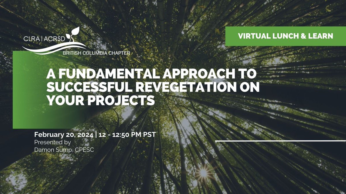 Join the CLRA BC Chapter Webinar on February 20th, 2024 as we welcome Damon Sump, CPESC to present on A Fundamental Approach to Successful Revegetation On Your Projects.
Click here to learn more &amp; register: bit.ly/49hPpYc
#CLRA #CLRABC #Lunchandlearn #Lunch #DamonSump