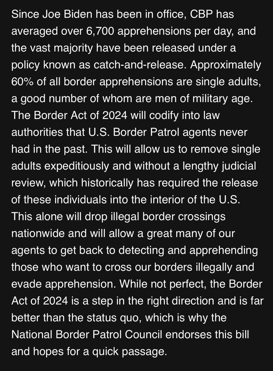 BillMelugin_'s tweet image. BREAKING: In a statement to @FoxNews, the Border Patrol union says they support &amp;amp; endorse the bipartisan border deal negotiated in the Senate, saying it’s “not perfect, but far better than the status quo”.
They do not endorse the rest of the spending bill.
Statement from @BPUnion