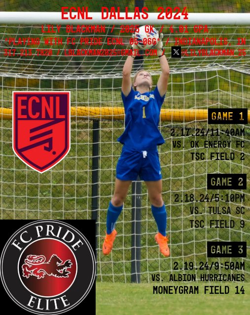 Getting close to ECNL Dallas! **IMPORTANT - I am so excited to be playing that weekend with @FCPride06G_ECNL** Come see the talent on this team! Our schedule is 👇 @ImCollegeSoccer @ImYouthSoccer @CampShutout @BJPSGirlsSoccer