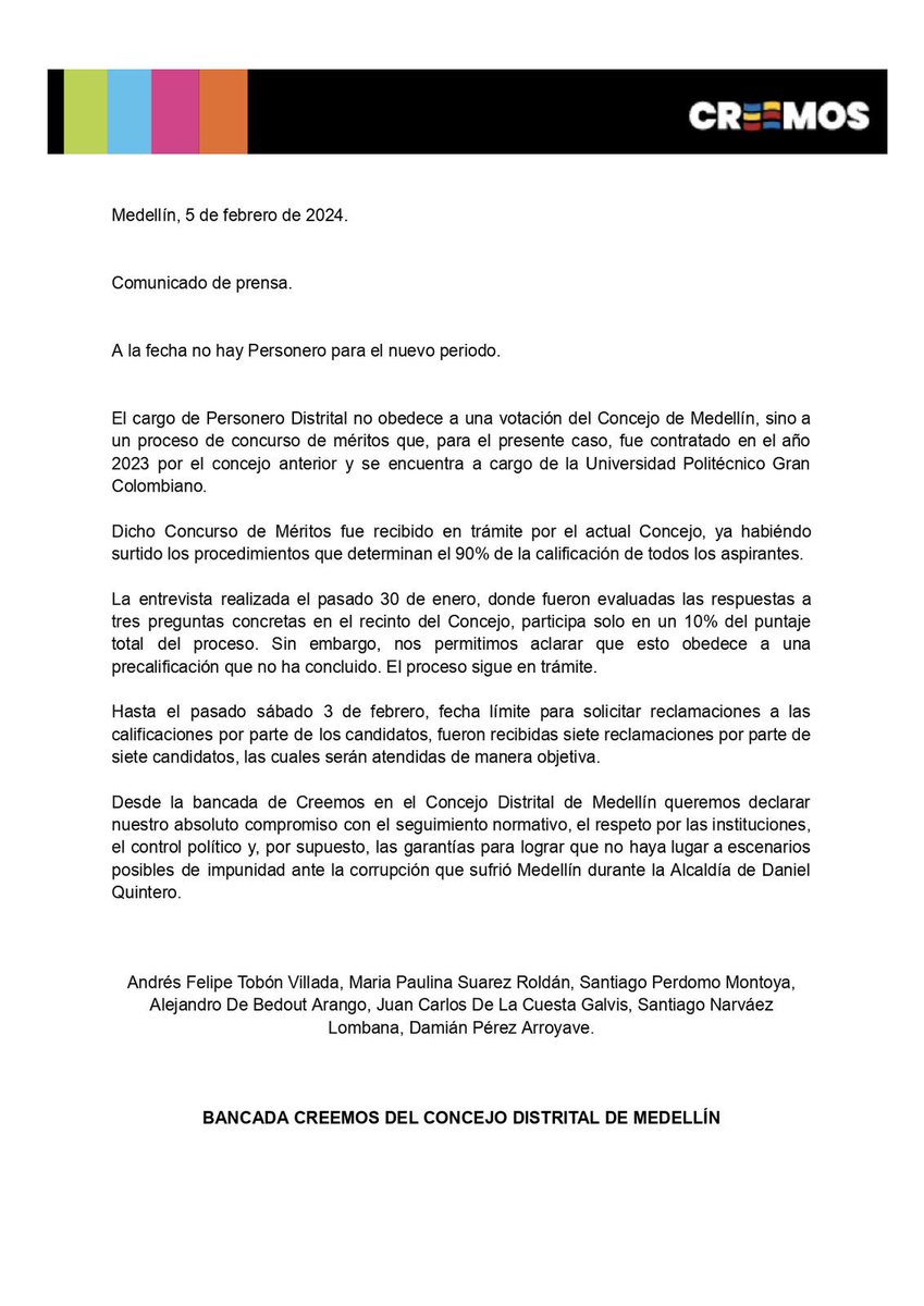 Comunicado a la opinión pública, bancada <a href="/creemosco/">Partido Creemos</a> sobre el concurso de méritos del Personero distrital de Medellín.