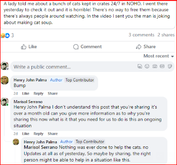 MariSolNCali's tweet photo. @NoHoPatch Trying to help NOHO Cats in Cages - Any ideas on how to assist? The area shelter &amp; Police Dept have been notified &amp; weeks later the cats are still in danger!! https://t.co/LxkLiT2wt1