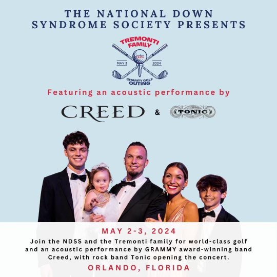 Join NDSS and the Tremonti family for a world-class golf outing in Orlando, FL, May 2-3 to support individuals with Down syndrome across the country! ⛳️ Kicking off with an intimate reception and acoustic performance by us and Tonic. Register today at ndss.org/TremontiGolf
