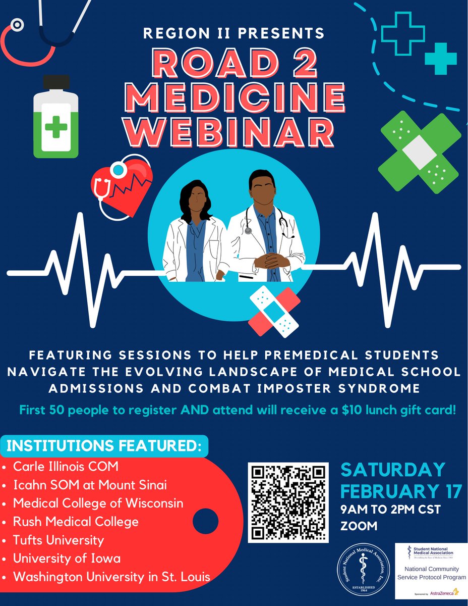 Road 2 Medicine Webinar will be hosted on February 17! This event features sessions to get you acquainted with the med school application process and the evolving landscape of med school admissions. FIRST 50 PEOPLE TO REGISTER AND ATTEND WILL RECEIVE A $10 LUNCH GIFT CARD!