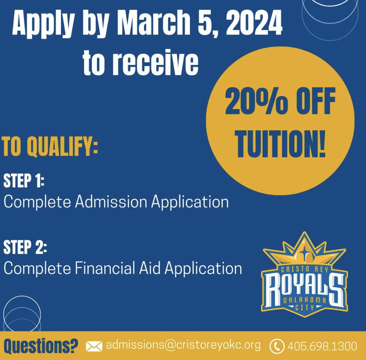 Ready to become a Cristo Rey Royal? Apply by March 5th to receive 20% off tuition! To qualify, please follow the steps below.

Please contact the Admissions Office with any questions!
