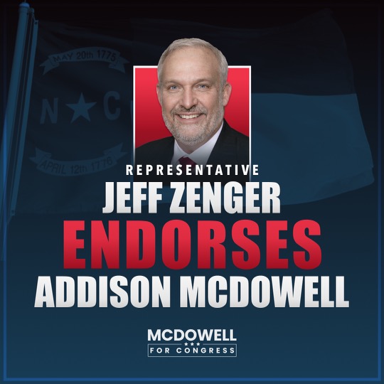 Addison_McD's tweet photo. "I've known Addison for many years, and I've always seen him as an individual who stands up for his beliefs. Addison is a dedicated fighter, committed to securing our southern border and addressing our federal government's financial issues. He is the right man to represent us in Congress and has my full support."

- Rep. Jeff Zenger
#ncpol #forsythcounty #NC06