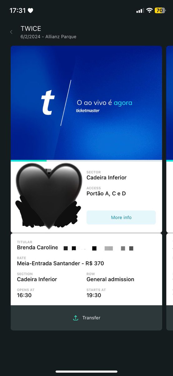 pjhcollect's tweet photo. VENDA URGENTE SHOW TWICE 06/02

tenho 2 ingressos meia-entrada cadeira inferior

vendo por R$ 250,00 cada
⚠️ preço BEEEM abaixo do que pagamos

minha irmã esta no hospital e não conseguiremos ir
*transfiro os ingressos pelo app*

posso fazer video chamada durante a venda! https://t.co/NNNBVCa4dE