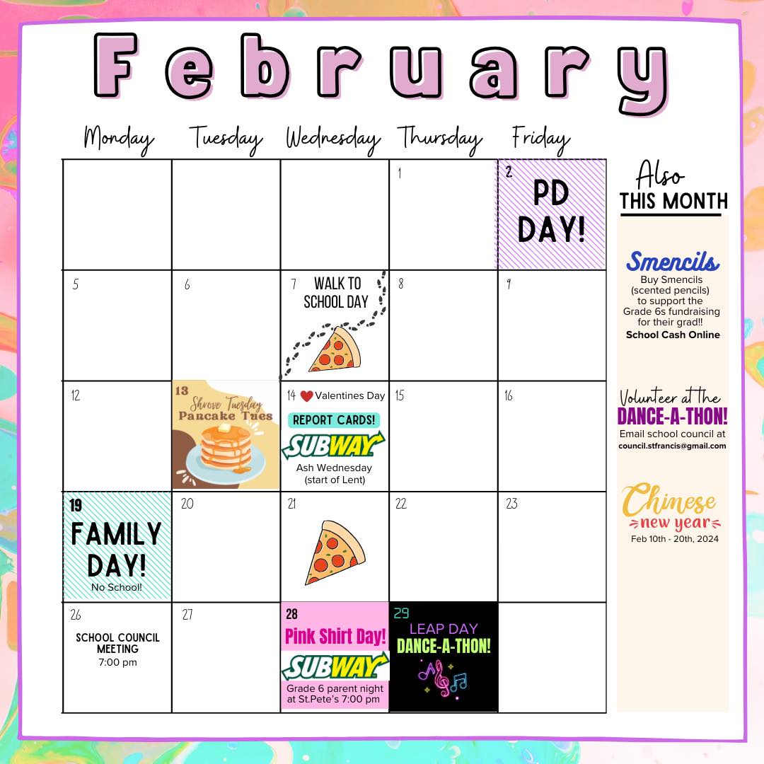 FRA_Council's tweet photo. 📣LOTS going on @AssisiOCSB this month!

🗓Check out this handy dandy calendar for ALL the info!

👀Also keep your eyes on your email next week for Term 2 lunch registration! https://t.co/HsT9qA9JLv
