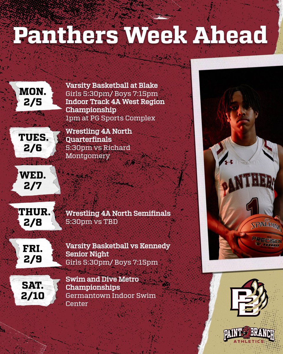pbhs_sports's tweet photo. Basketball kicks off the week traveling to rival Blake! We have some regional competitions taking place this week with Indoor track today, wrestling tomorrow and swim on Saturday! Join us Friday as we celebrate the senior class for boys/girls basketball and poms! https://t.co/P0q9ukYs5R