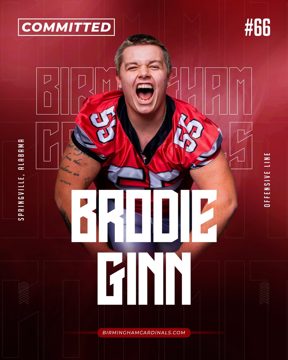 BirminghamCards's tweet photo. Brace yourselves, Cardinals fans! Brodie Ginn, the offensive line powerhouse from Springville, Alabama, is now officially a Cardinal. We can't wait to see him fortify our frontlines. Welcome to the team, @Brodie_0066! #CardinalCommit #CardinalNation https://t.co/gT8eUEUrDA