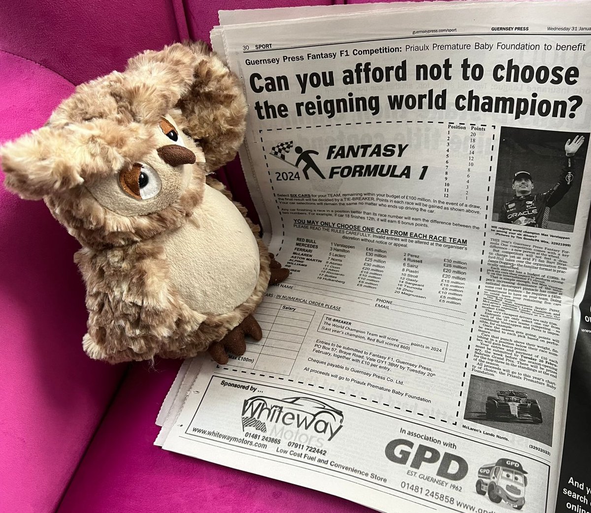 We are delighted to be supported by this year's <a href="/GuernseyPress/">Guernsey Press</a> Fantasy F1 competition! Proceeds will kindly be donated to the PPBF, and Nighty the Owl has been busy deciding on his entries. Keep an eye out for full details in your next paper - deadline is 20th Feb 🏎️🦉