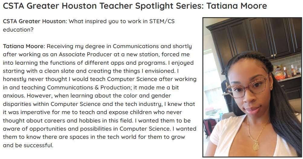 CSTA GREATER HOUSTON TEACHER SPOTLIGHT SERIES: TATIANA MOORE 
full story here: bit.ly/3OuXctG 
@csteachersorg @weteachcs #STEM #STEMeducation #teacher #CSTAGreatHou #STEMteacher #BlackHistoryMonth #computerscience