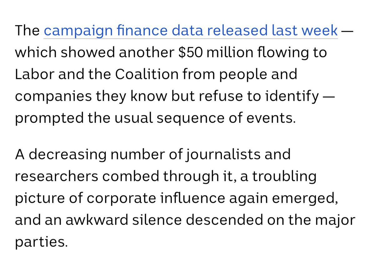 TMFScottP's tweet photo. If you care about our democracy, you need to read this, by @lb_online.

Electoral donation laws are a cancer on transparency and accountability.

#auspol https://t.co/c91UmFm2Ub
