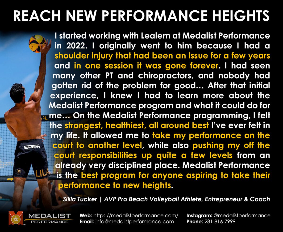 lealem's tweet photo. Helping people reach new performance heights is what Medalist Performance is all about. Not just in athletic endeavors, but also in other areas important to helping our clients live productive and fulfilling lives. 
#beachvolleyball #beach #volleyball #athlete #motivationmonday https://t.co/8stIAcW8rh