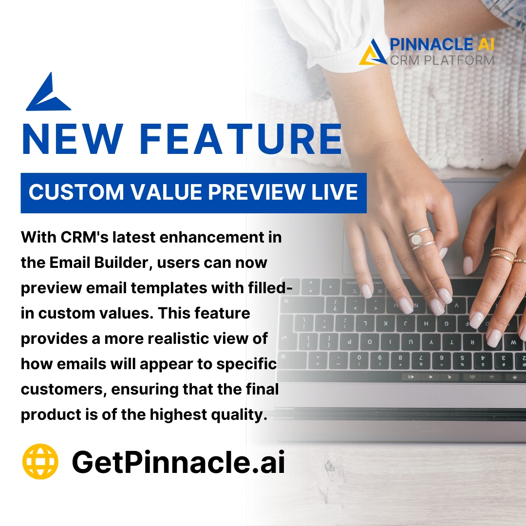 See your emails through your customer's eyes with our Custom Value Preview! 💌 

Pinnacle AI's latest feature lets you ensure every message is personalized and perfect. 

Try it now at GetPinnacle.ai

#EmailMarketing #Personalization #CRMTools #PinnacleAI #getpinnacle...
