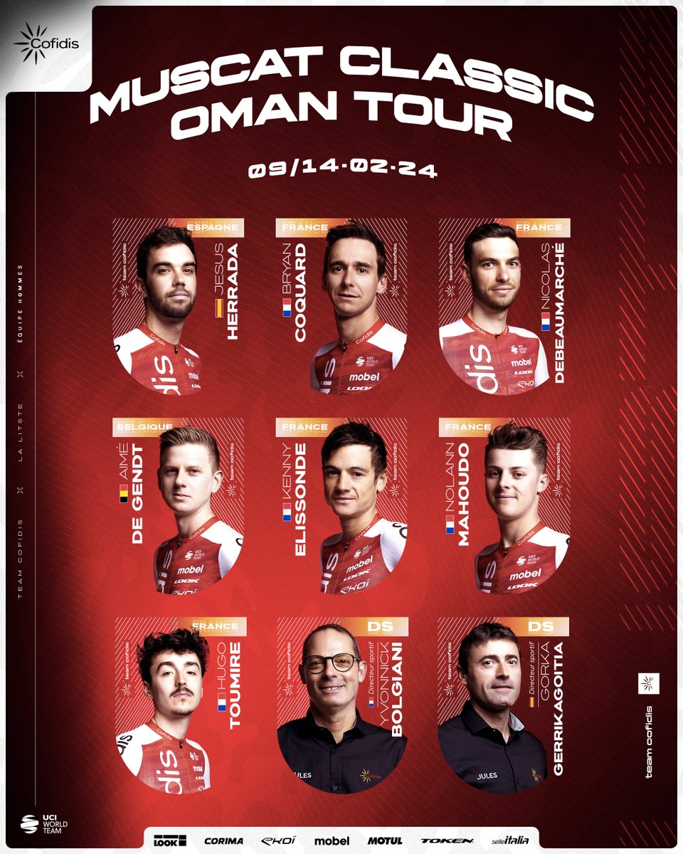 TeamCOFIDIS's tweet photo. De la montagne, un sprint et des arrivées pour puncheurs, voici le cocktail du @tourofoman et de la #MuscatClassic à suivre à partir de vendredi.
@bryancoquard @jesushl90 et @KennyElissonde mèneront notre collectif ! https://t.co/xIG4gdPkw2