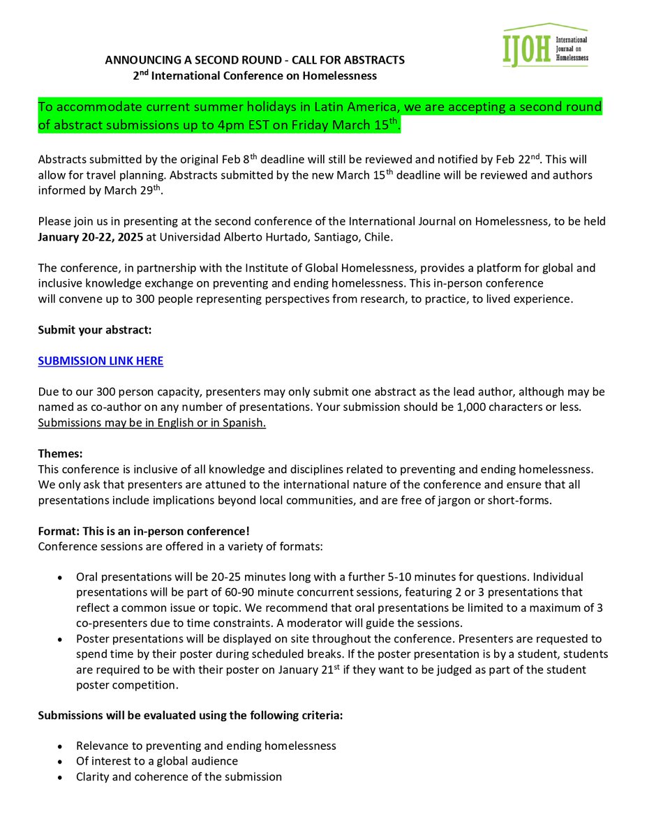 We want to make sure everyone who wants to can share at the @IJOHjournal conference in 2025! Therefore, we have opened a second call for abstracts, recognizing that our partners in Latin America are currently on summer holidays. New deadline in May! ⬇️ ojs.lib.uwo.ca/index.php/ijoh…