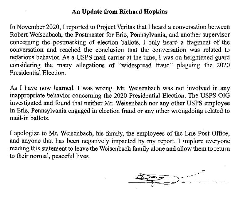 JamesOKeefeIII's tweet image. In November 2020, I reported that election fraud had occurred in Erie, Pennsylvania during the 2020 Presidential Election. This story was based on Richard Hopkins’ claim that he had overheard Robert Weisenbach, the Erie Postmaster, direct another USPS supervisor to illegally…