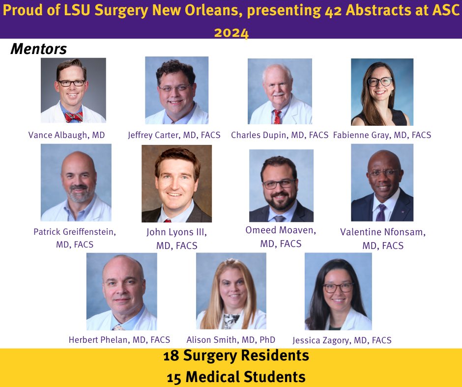 Proud of LSU Surgery faculty, residents and medical students for showing up at #ASC2024 in big way with 42 presentations, 39 more than last year’s 3. Moving the needle ⁦⁦@lsusurgerydept⁩ ⁦⁩ ⁦⁦@AcademicSurgery⁩ ⁦@LCMCHealthEdu⁩ ⁦@jessicazagory⁩