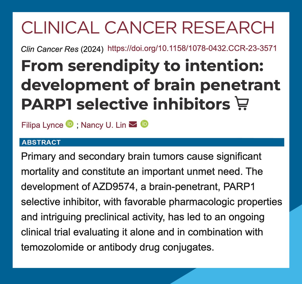 'From serendipity to intention: development of brain penetrant PARP1 selective inhibitors' - recent commentary from Dr. Filipa Lynce (@FilipaLynce) and Dr. Nancy Lin (@nlinmd). pubmed.ncbi.nlm.nih.gov/38251977/