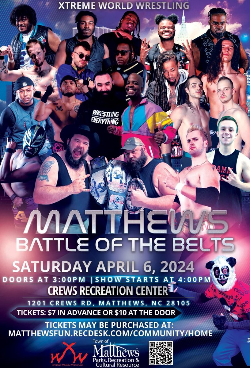 #XWW fans are you ready for an electrifying experience at Matthews Battle of the Belts – our colossal super show! 🤼‍♂️ Join us on Saturday, April 6th, in Matthews, NC, at the Crews Recreation Center. Doors open at 3 PM, and the show kicks off at 4 PM.! 🎉 📍 Venue: Crews