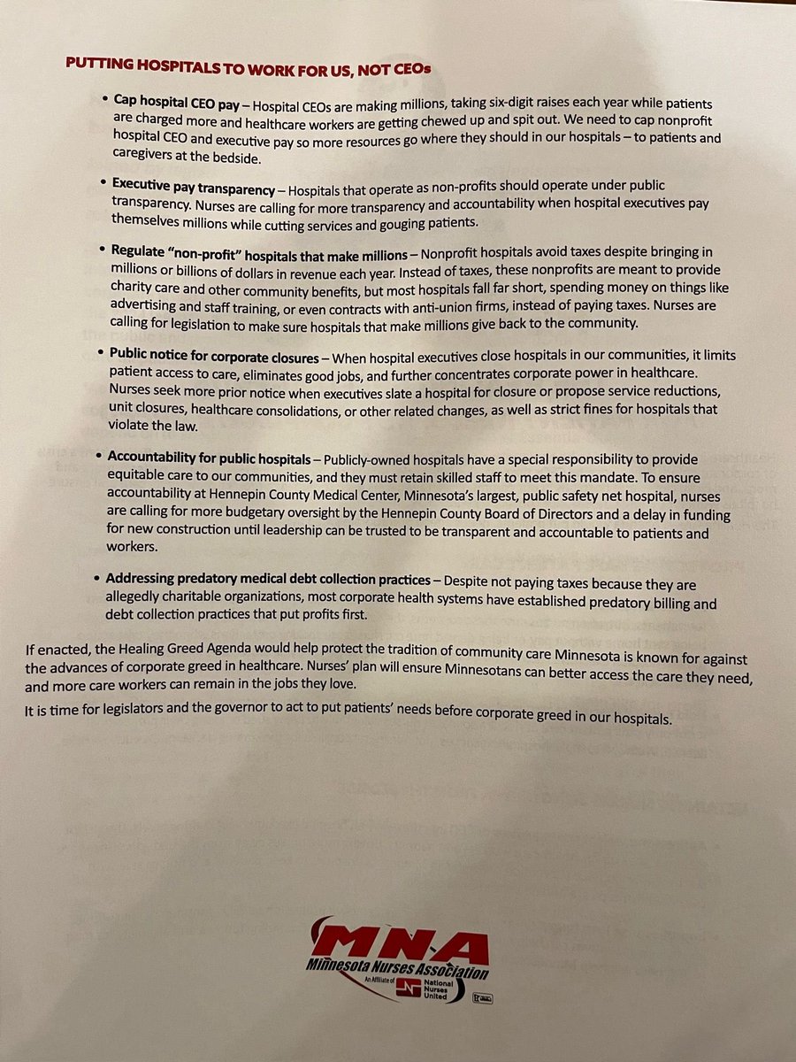 maxnesterak's tweet photo. The Minnesota Nurses Association, the union representing about 22,000  nurses, announced its 2024 MN legislative agenda which includes capping  hospital CEO pay and greater regulations of nonprofit hospitals https://t.co/Log46Pn46j
