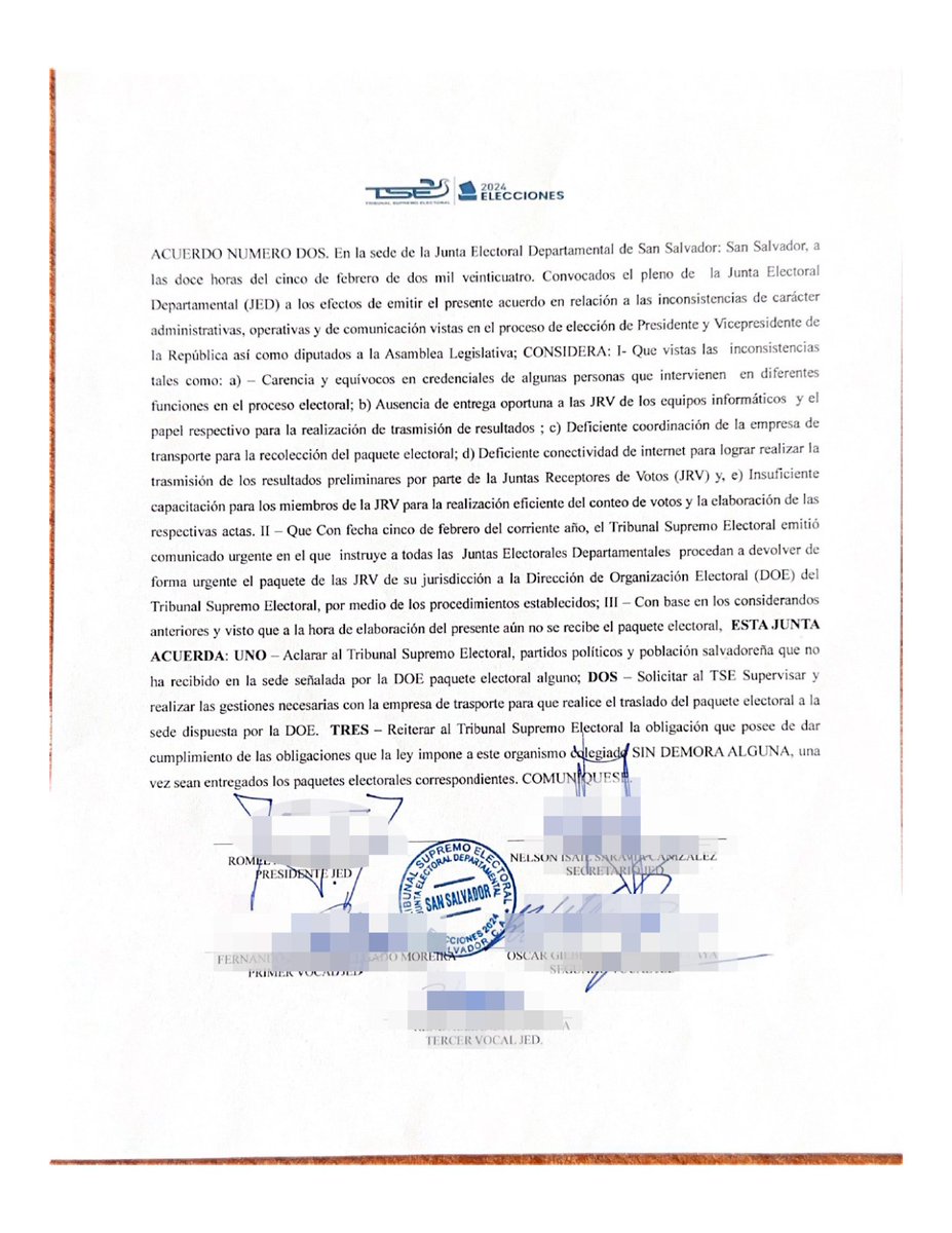 ysuca91siete's tweet photo. La JED de San Salvador, ante el comunicado urgente del TSE donde les instruye a devolver el paquete de las JRV de su jurisdicción a la DOE, le aclara al TSE, partidos políticos y población que no ha recibido en la sede señalada por la DOE paquete electoral alguno. https://t.co/PnLG2EPyL9
