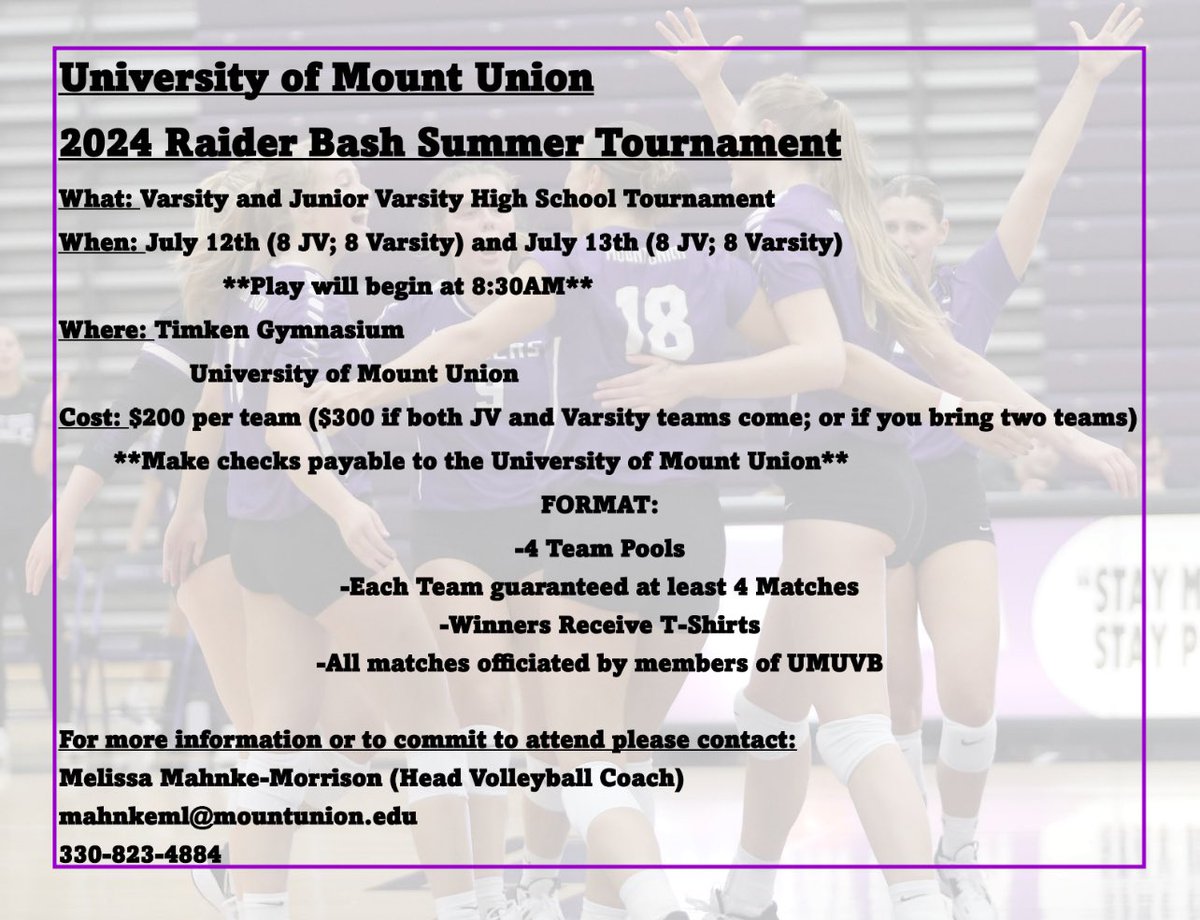 🚨ATTENTION HIGH SCHOOL PROGRAMS….Join us for our Annual Raider Bash Tournament on July 12th or July 13th 🚨 Contact Head Coach Melissa Mahnke-Morrison with any questions: mahnkeml@mountunion.edu 😈