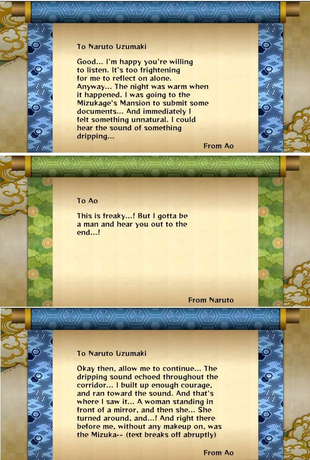 Ao's letter to Naruto in "Naruto Shippuden: Ultimate Ninja Storm 3"