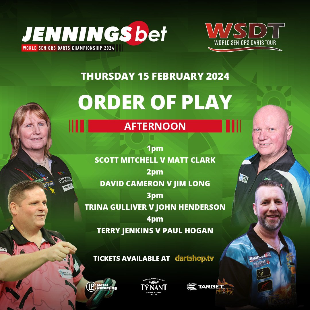 Thursday Afternoon, Session 1. Grab your tickets here dartshop.tv/world-senior-d… from £16.50 or if you cannot make the tavern sign up here and watch this session and every match for £4.99 sign up here 247.tv/live/seniorsda… @trinagoldengirl @scottydogdart @hendo180