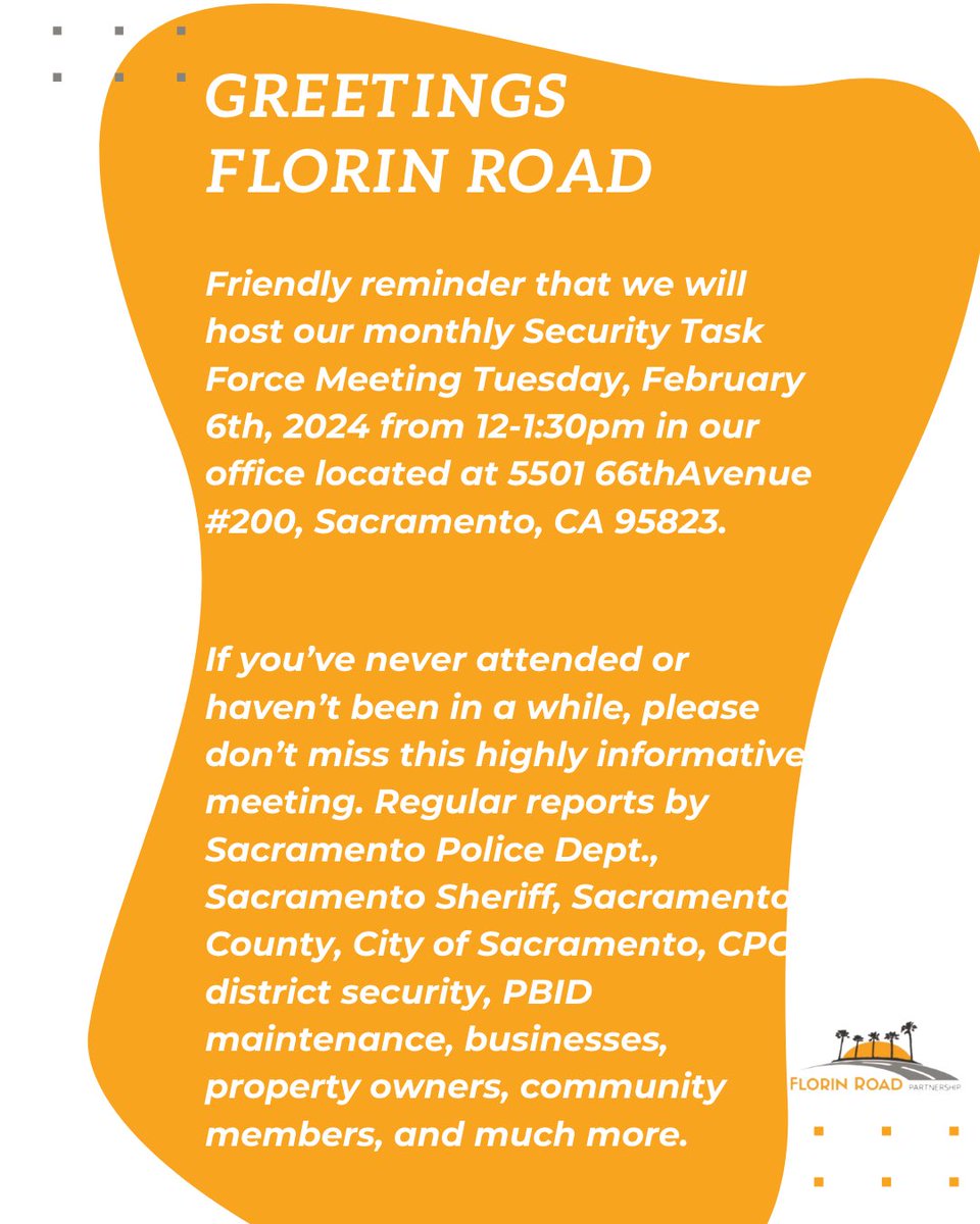 Hello Florin‼️

You are invited to our monthly Security Task Force meeting! On February 6th, 2024 at 12:00-1:30 in our office located at 5501 66th Avenue #200!

RSVP HERE: 
eventbrite.com/e/monthly-secu…
