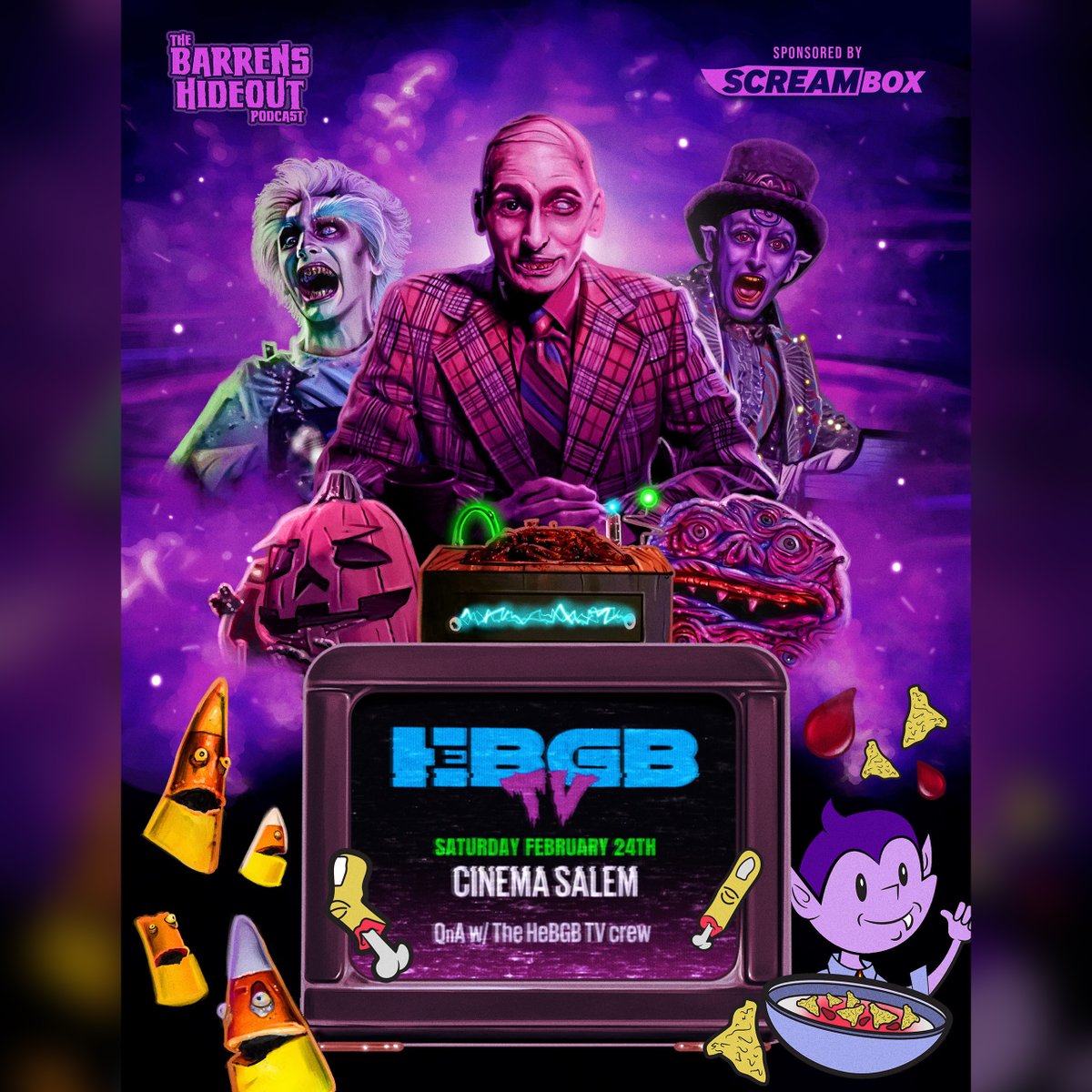 SCREAMBOX presents HeBGB TV in Salem, MA!

Join us, the filmmakers, and host <a href="/TheBHO_Podcast/">The Barrens Hideout Podcast</a> at <a href="/CinemaSalem/">CinemaSalem</a> on February 24 for a screening of the hyperactive horror-comedy with a live Q&amp;A and more.

Tickets are on sale now at cinemasalem.com/movie/hebgb-tv