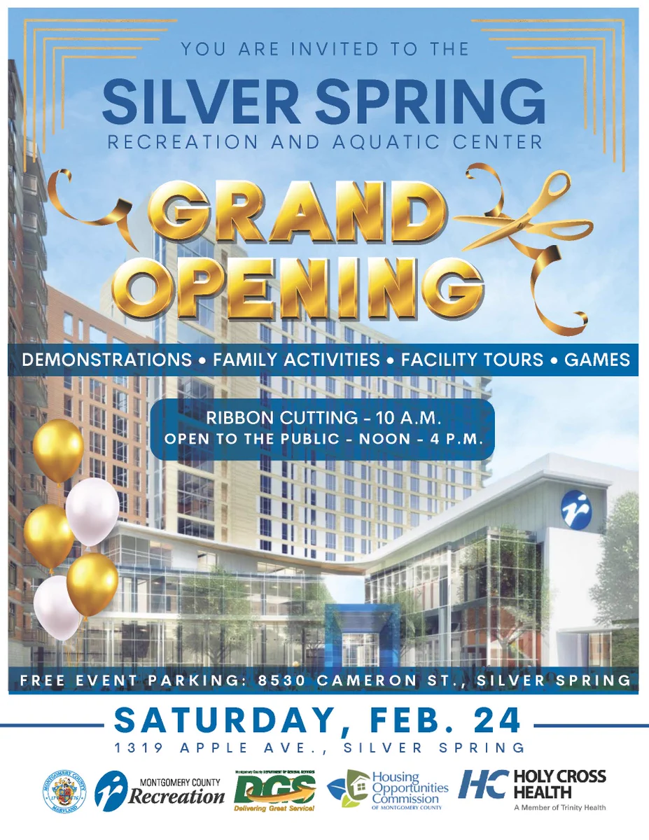 Event flyer for the grand opening of the Silver Spring Recreation and Aquatic Center. 